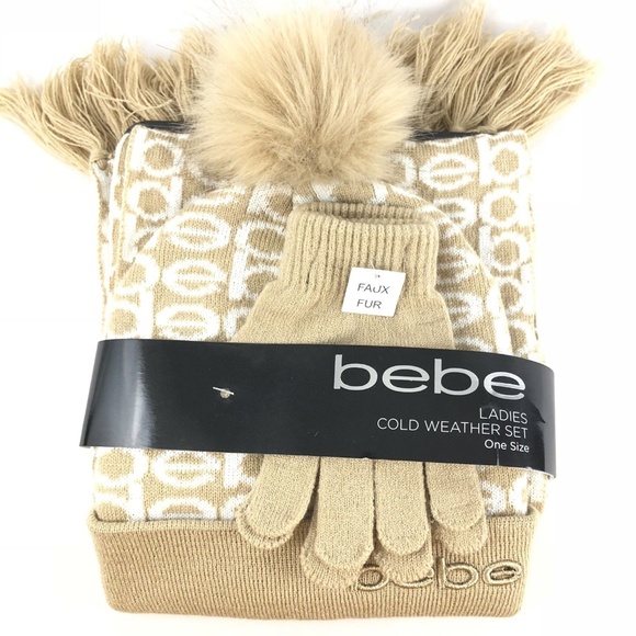 bebe Accessories - Bebe Pom Cuffed Beanie Hat with Scarf & Gloves Set